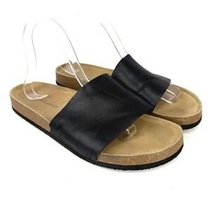 SAKS FIFTH AVENUE NWOT Fletcher Black Leather Cork Sole Mens Slide Sandals 10M